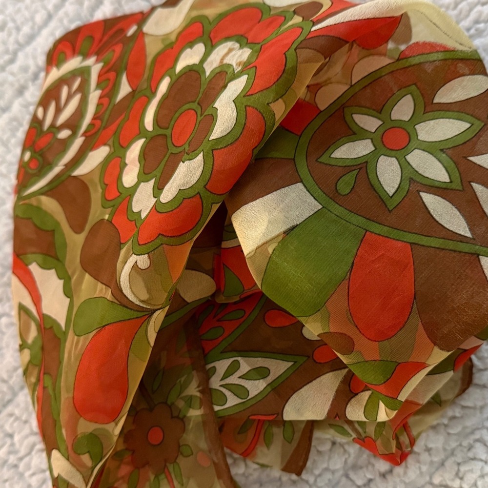 Designer-Inspired Floral Silk Scarf in Orange, Green & Brown